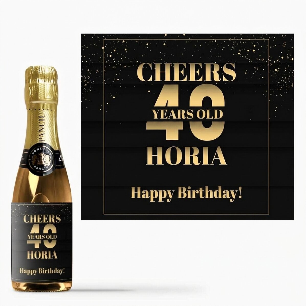 Mini botella de vino espumoso personalizada con el texto «Feliz cumpleaños» - ¡Salud!
