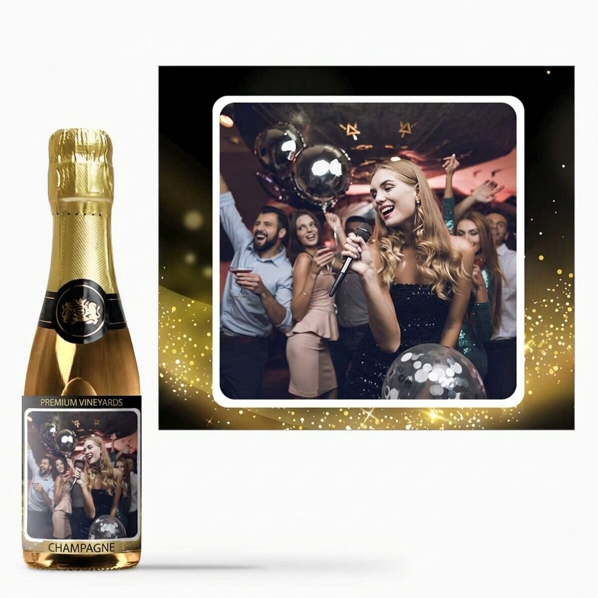 Mini botella de vino espumoso personalizada con una foto - Dorado