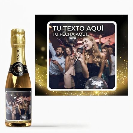 Mini botella de vino espumoso personalizada con una foto - Dorado