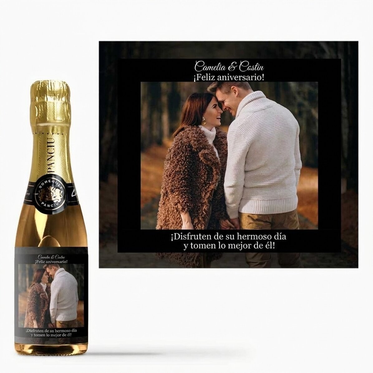 Mini botella de vino espumoso personalizada con texto y foto para cumpleaños