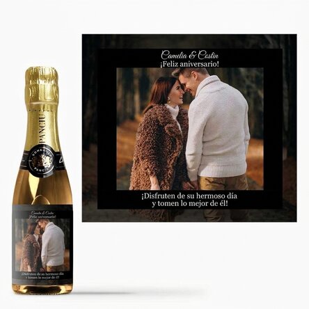 Mini botella de vino espumoso personalizada con texto y foto para cumpleaños