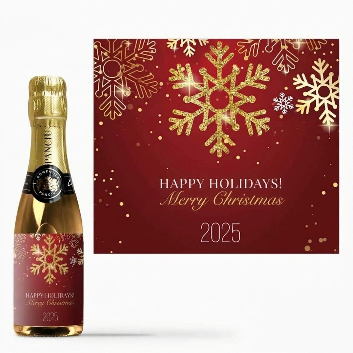 Mini botella de vino espumoso personalizada con texto - Copos de nieve