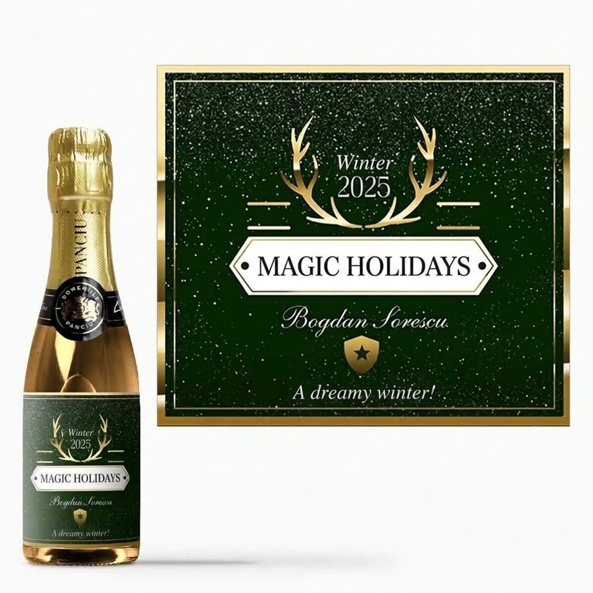 Mini botella de vino espumoso personalizada con texto - Golden Antlers