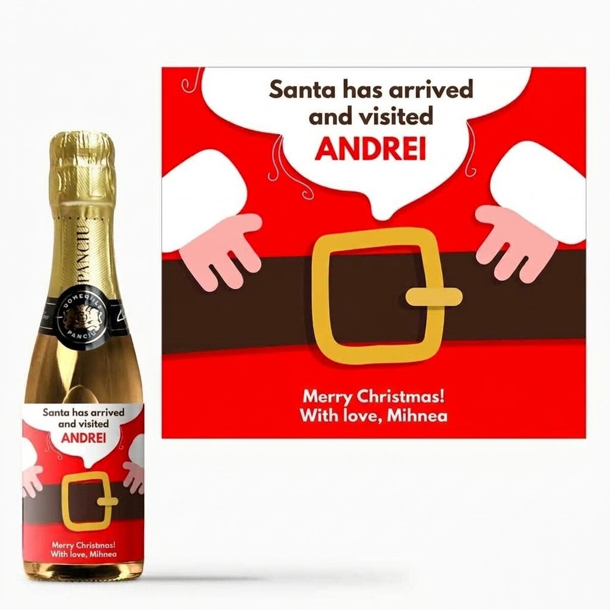 Mini botella de vino espumoso personalizada con mensaje: «Ha llegado Papá Noel»