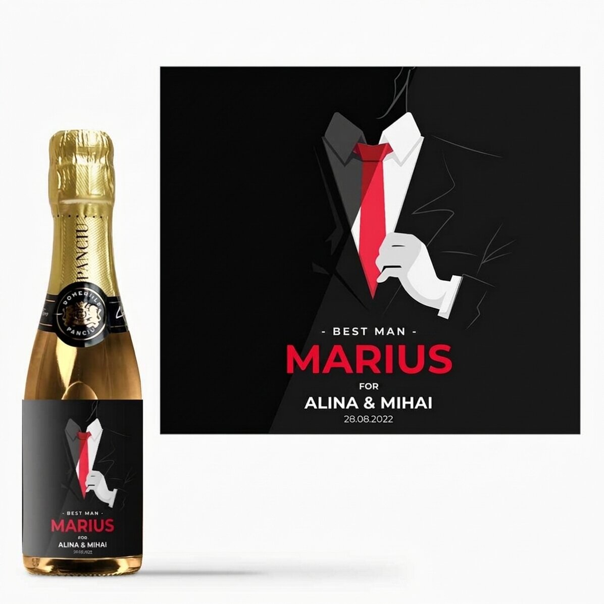 Mini botella de vino espumoso personalizada con texto y nombre - Padrino de boda