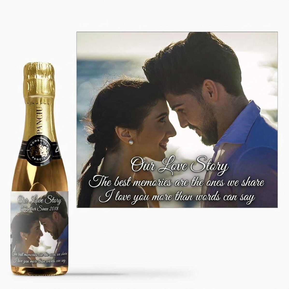 Mini botella de vino espumoso personalizada con una foto