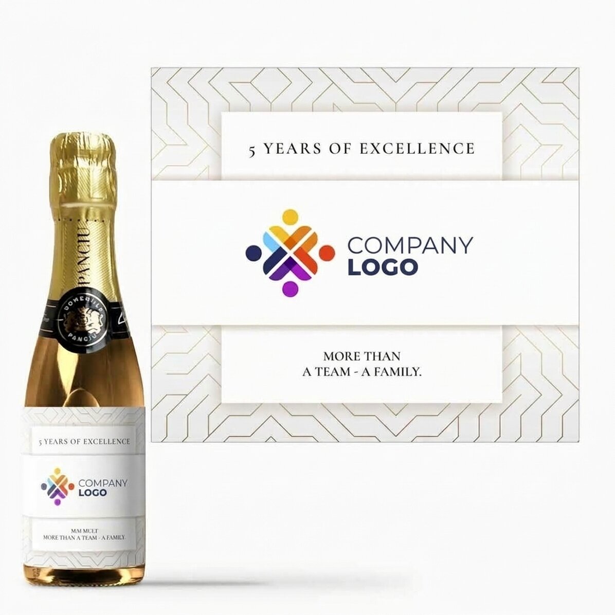 Mini botella de vino espumoso personalizada con texto, versión blanca - Aniversario de la marca