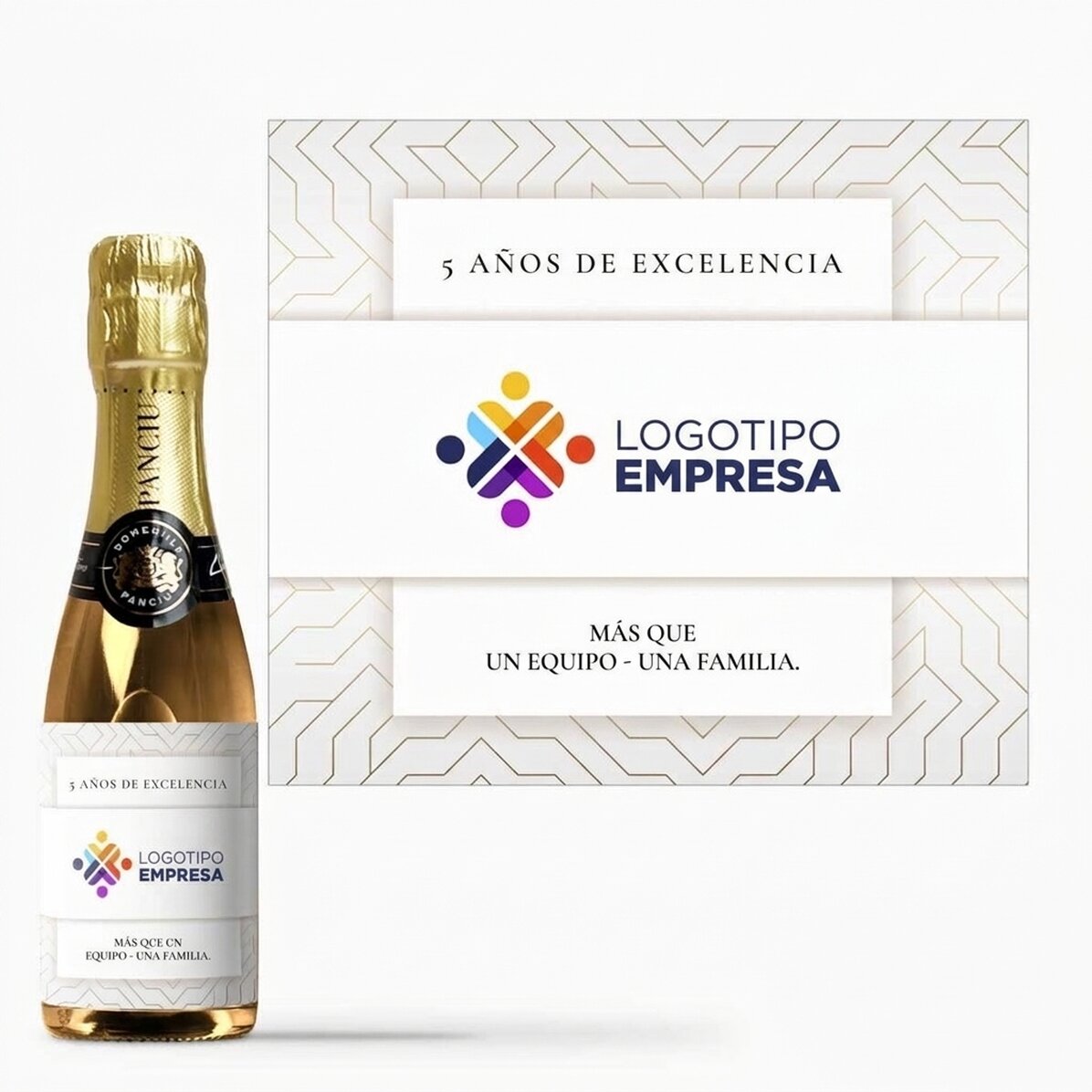 Mini botella de vino espumoso personalizada con texto, versión blanca - Aniversario de la marca
