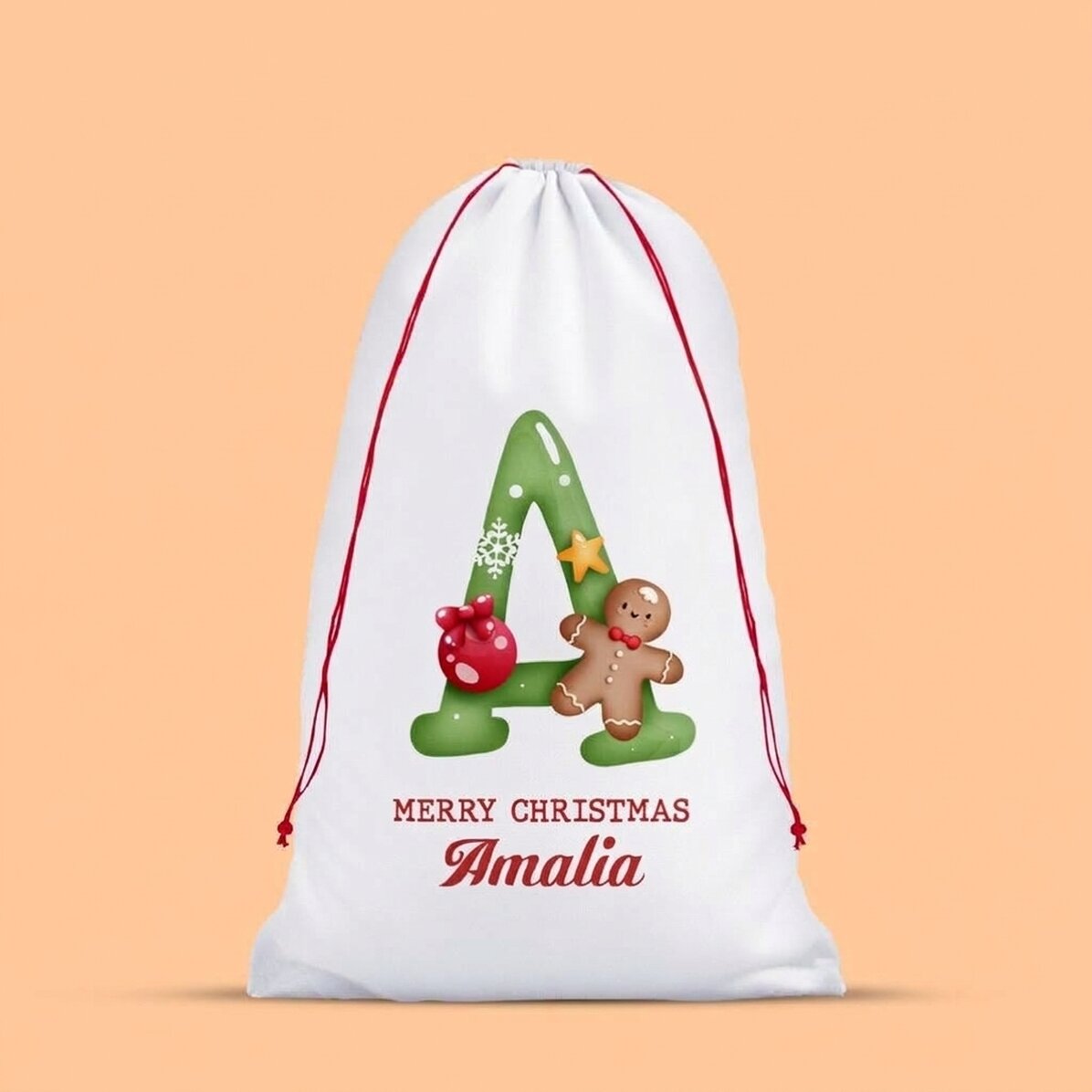 Bolsa blanca para regalos personalizada con una inicial y un mensaje