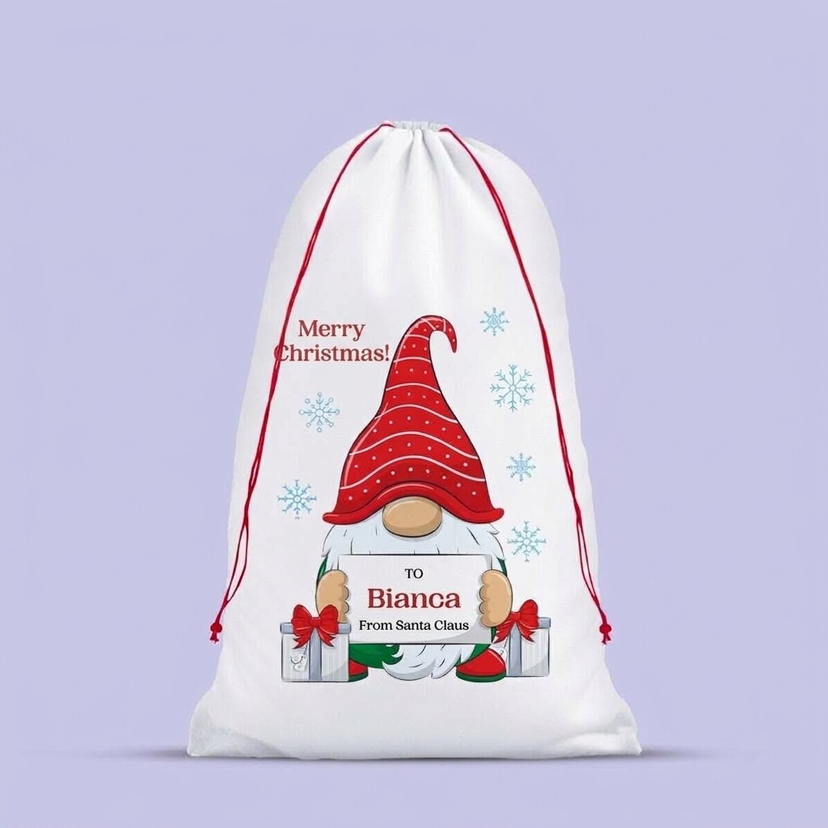 Bolsa blanca para regalos personalizada con mensaje: «Duende de Navidad»