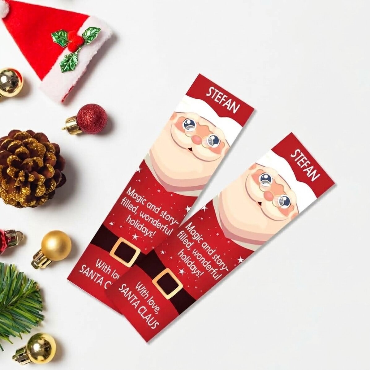 Marcapáginas personalizado con texto: «Con cariño, Papá Noel»