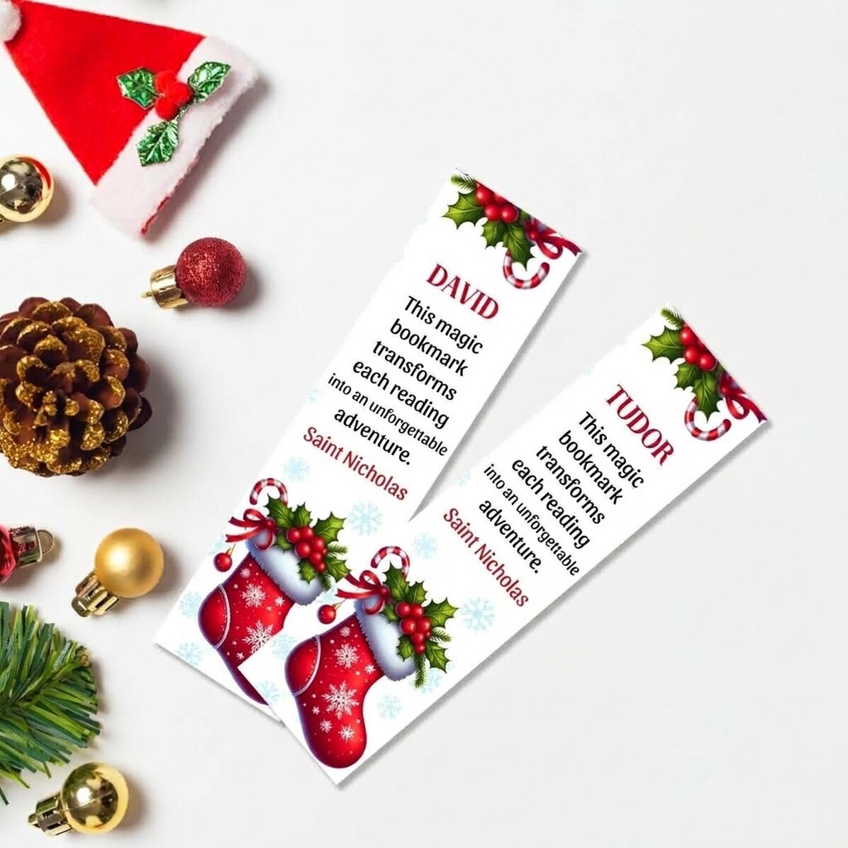 Marcapáginas personalizado con texto: «Con cariño, Papá Noel»