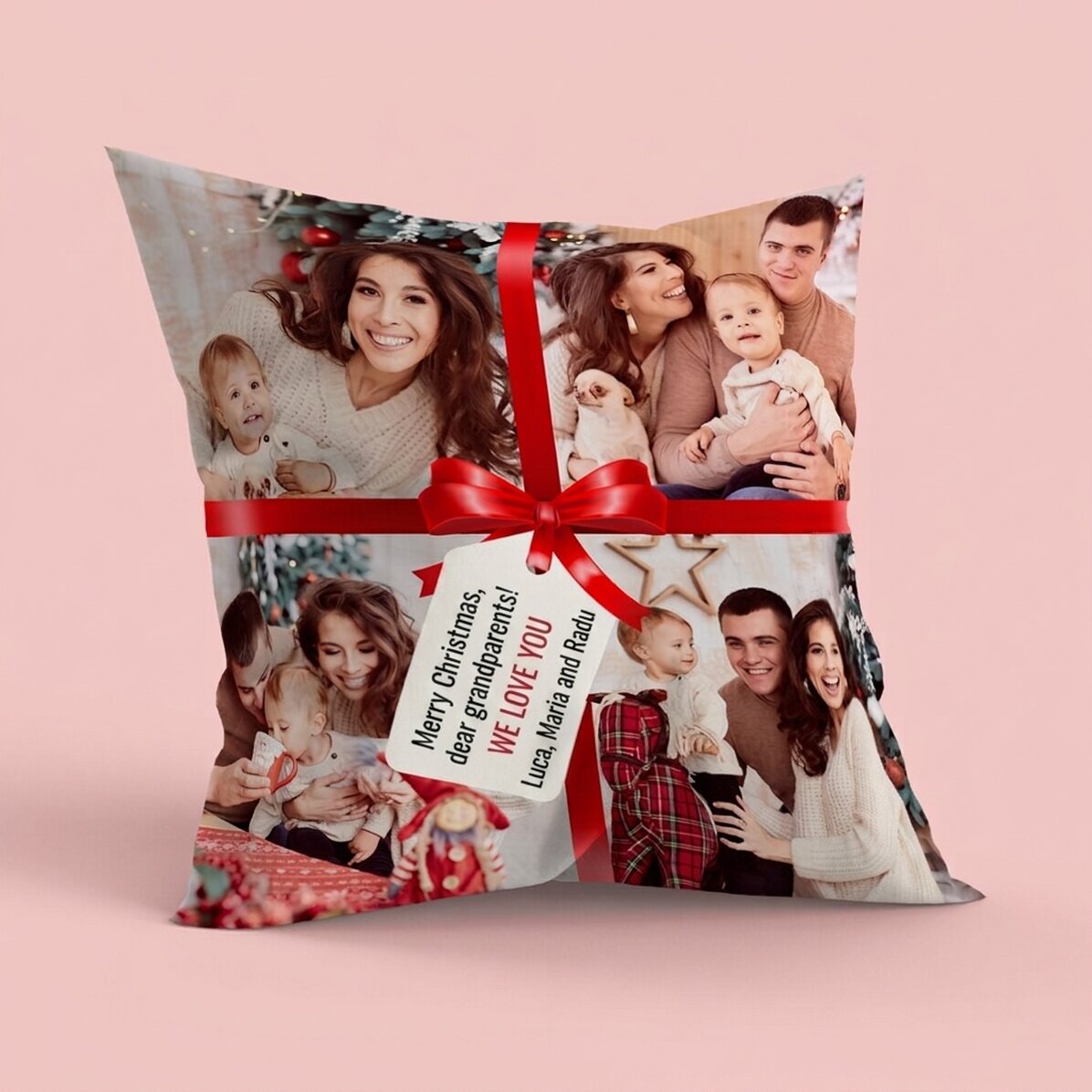 Cojín personalizado con 4 fotos y un mensaje: el regalo perfecto