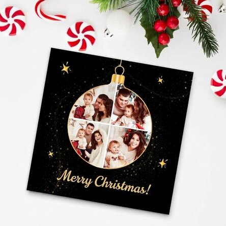 Imán personalizado de 10x10 con 4 fotos y un mensaje - Bola de Navidad