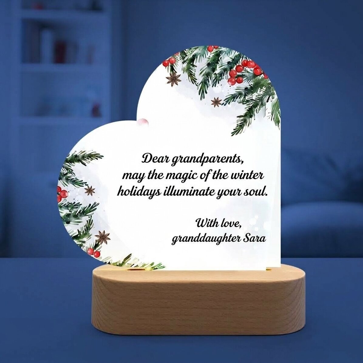 Lámpara LED de noche con forma de corazón personalizada con un mensaje navideño