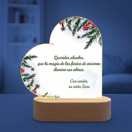 Lámpara LED de noche con forma de corazón personalizada con un mensaje navideño