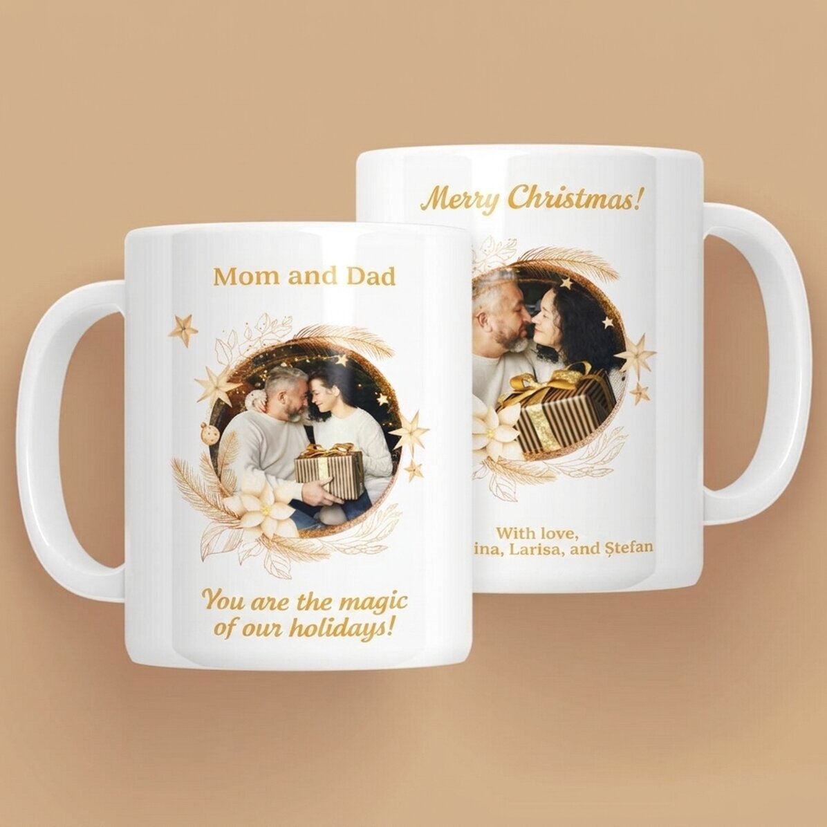 Taza personalizada con texto y 2 fotos - La magia de las fiestas