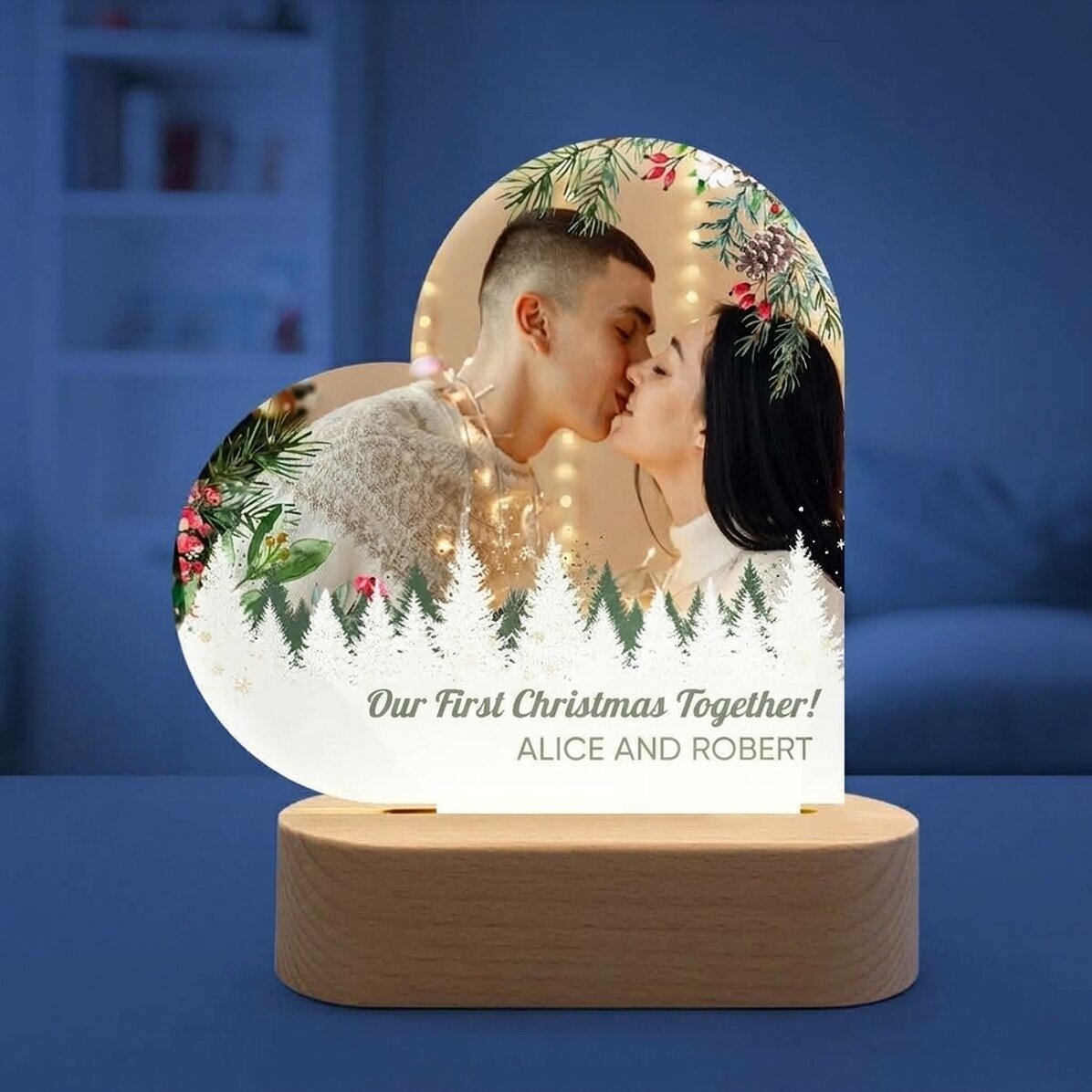 Lámpara LED de noche con forma de corazón personalizada con una foto y un mensaje - Feliz Navidad
