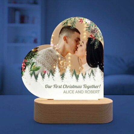 Lámpara LED de noche con forma de corazón personalizada con una foto y un mensaje - Feliz Navidad
