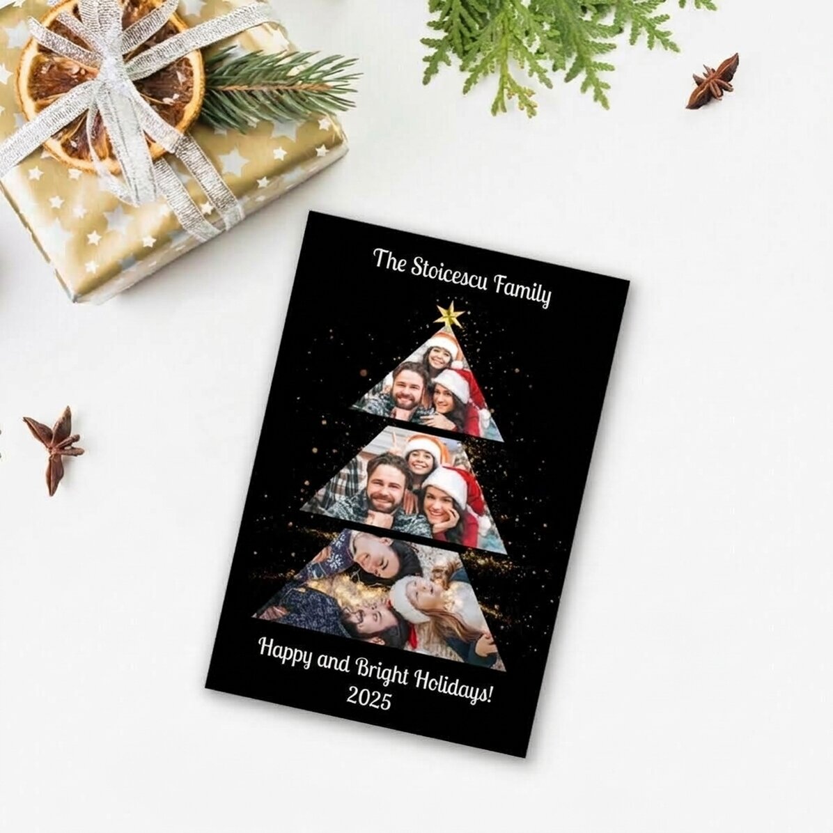 Imán personalizado de 10 x 15 cm con 3 fotos y texto - Árbol de Navidad