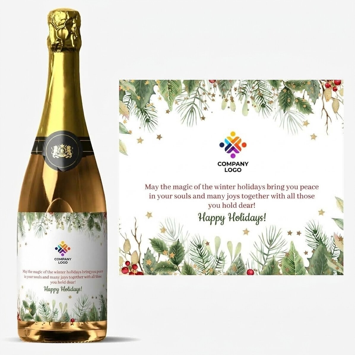 Vino espumoso personalizado con texto y logotipo: ¡Felices fiestas!