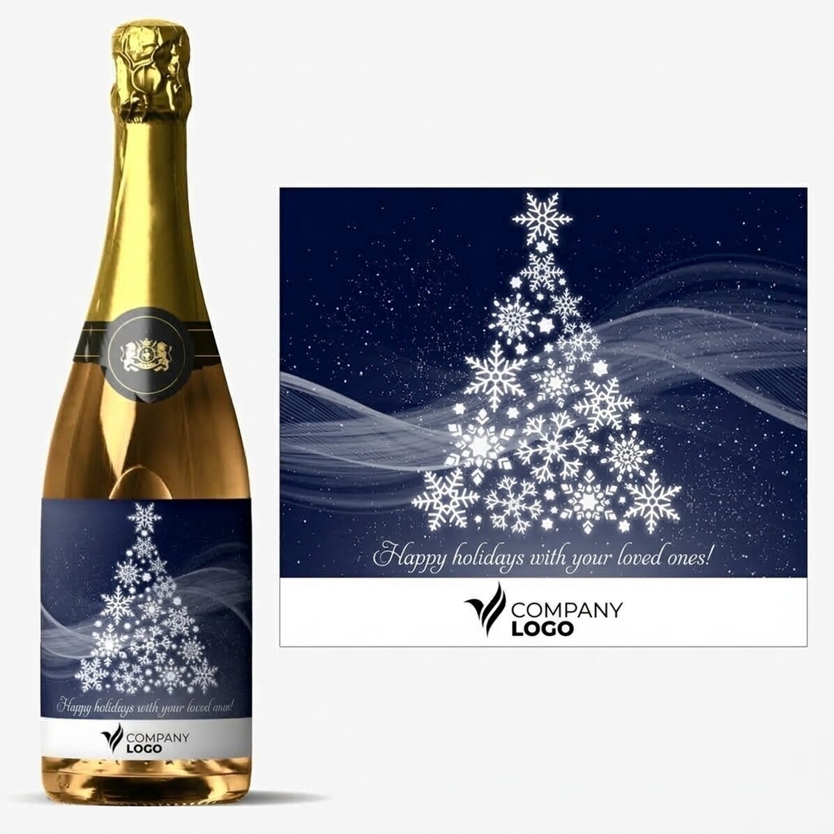 Vino espumoso personalizado con logotipo y mensaje: ¡Feliz Navidad!
