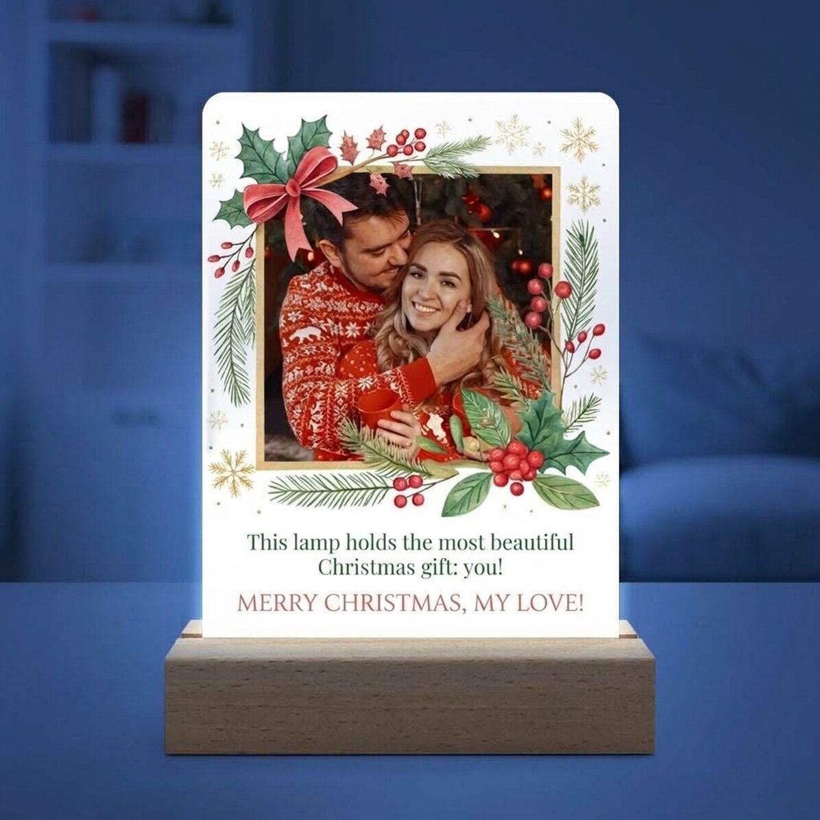 Lámpara LED de noche personalizada con foto y mensaje: ¡Feliz Navidad!