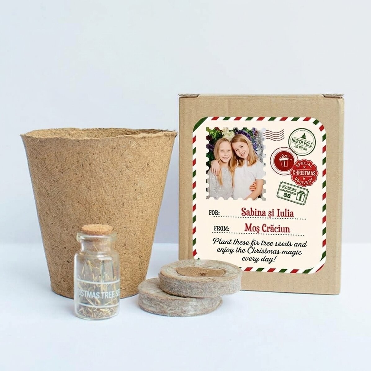 Kit para plantar semillas de abeto en una cajita personalizada con foto y mensaje - De parte de Papá