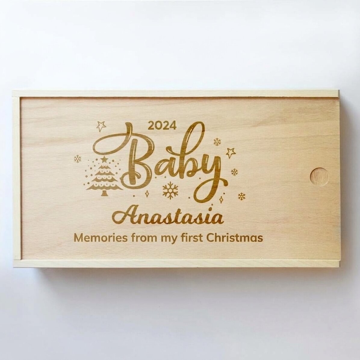 Caja de regalo personalizada de madera: recuerdos de la primera Navidad