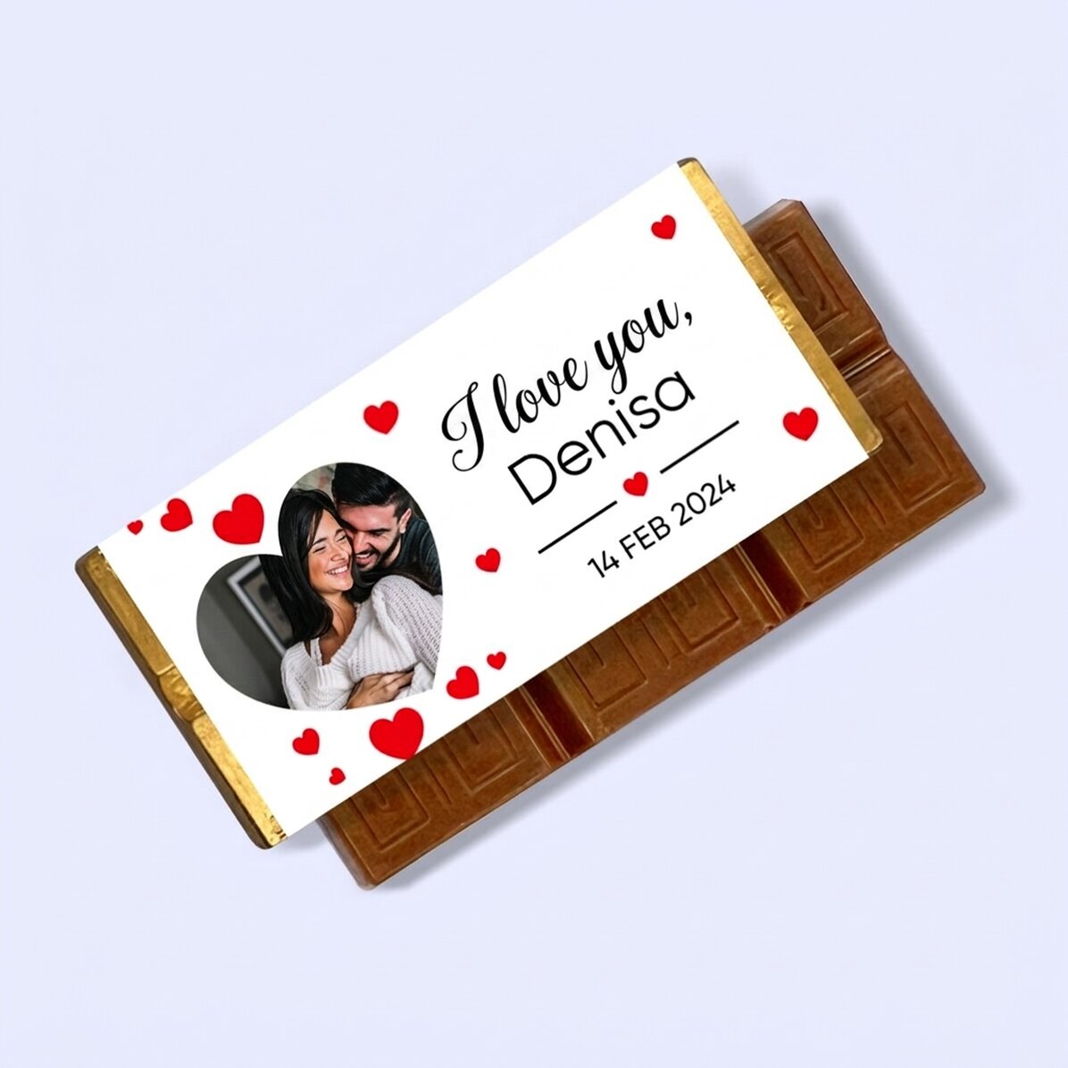 Mini tableta de chocolate personalizada con una foto y un mensaje: «Te quiero»