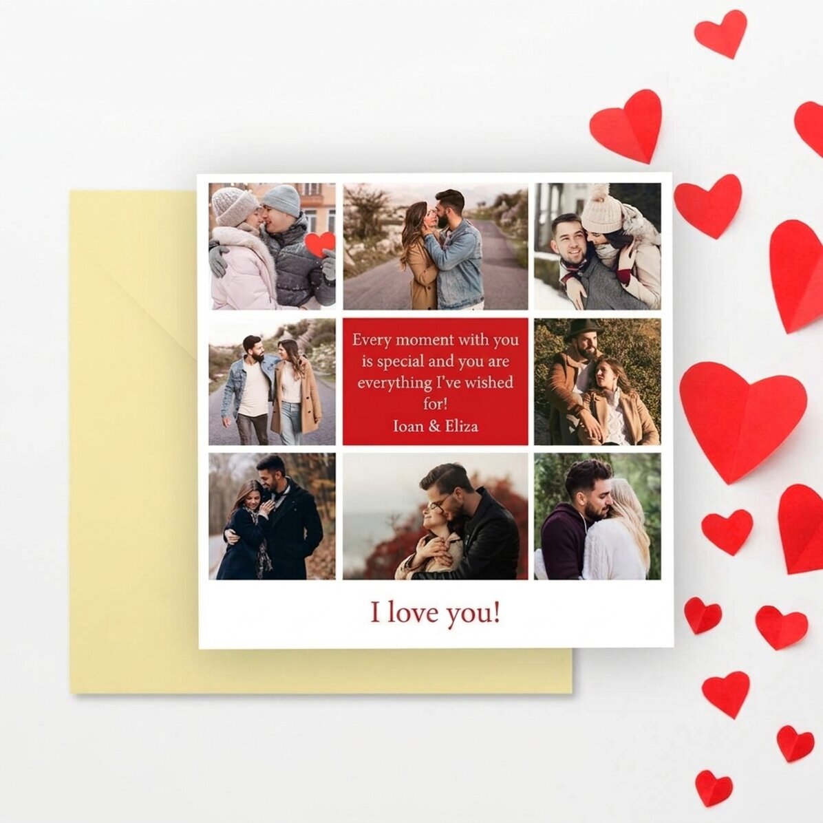 Tarjeta cuadrada personalizada con 8 fotos y un mensaje - Love