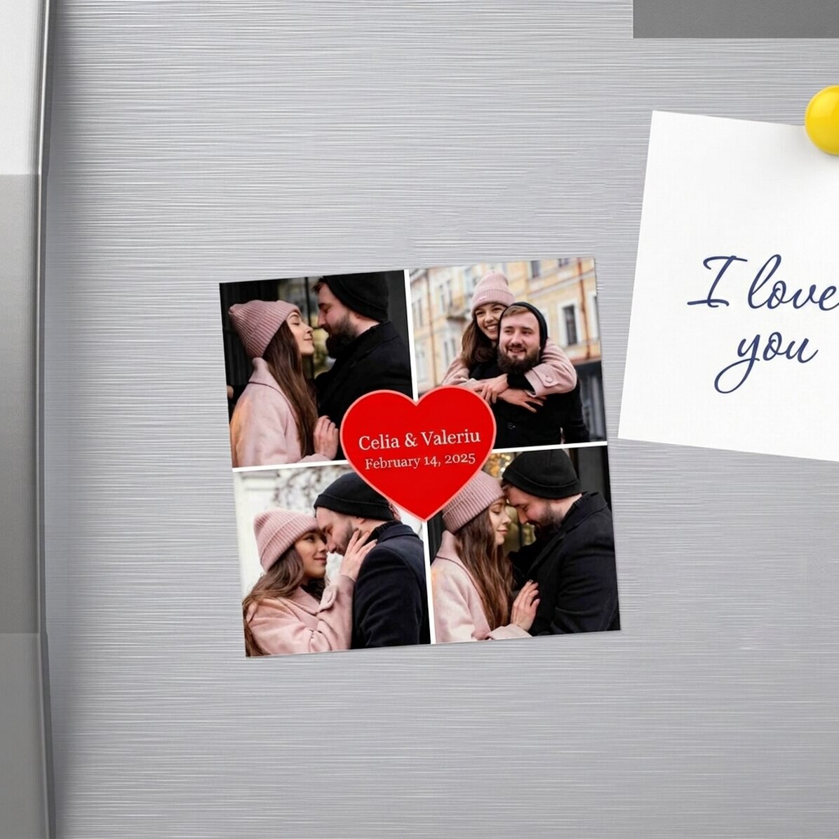 Imán personalizado de 10x10 con 4 fotos y texto - Corazón