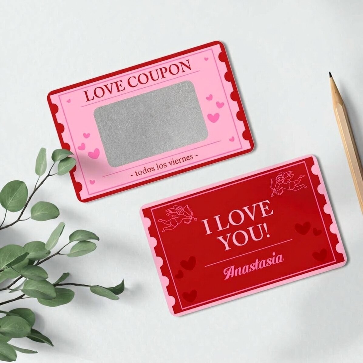 Tarjeta de aluminio rascable personalizada por ambas caras con mensaje - Love Coupon