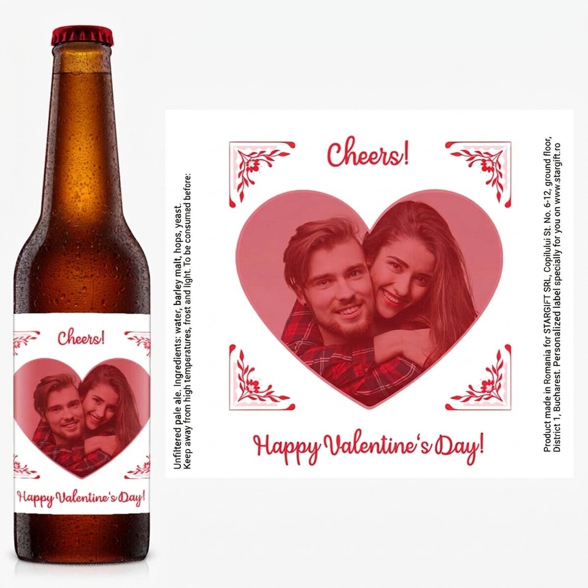 Cerveza personalizada con una foto y un mensaje: ¡Feliz San Valentín!