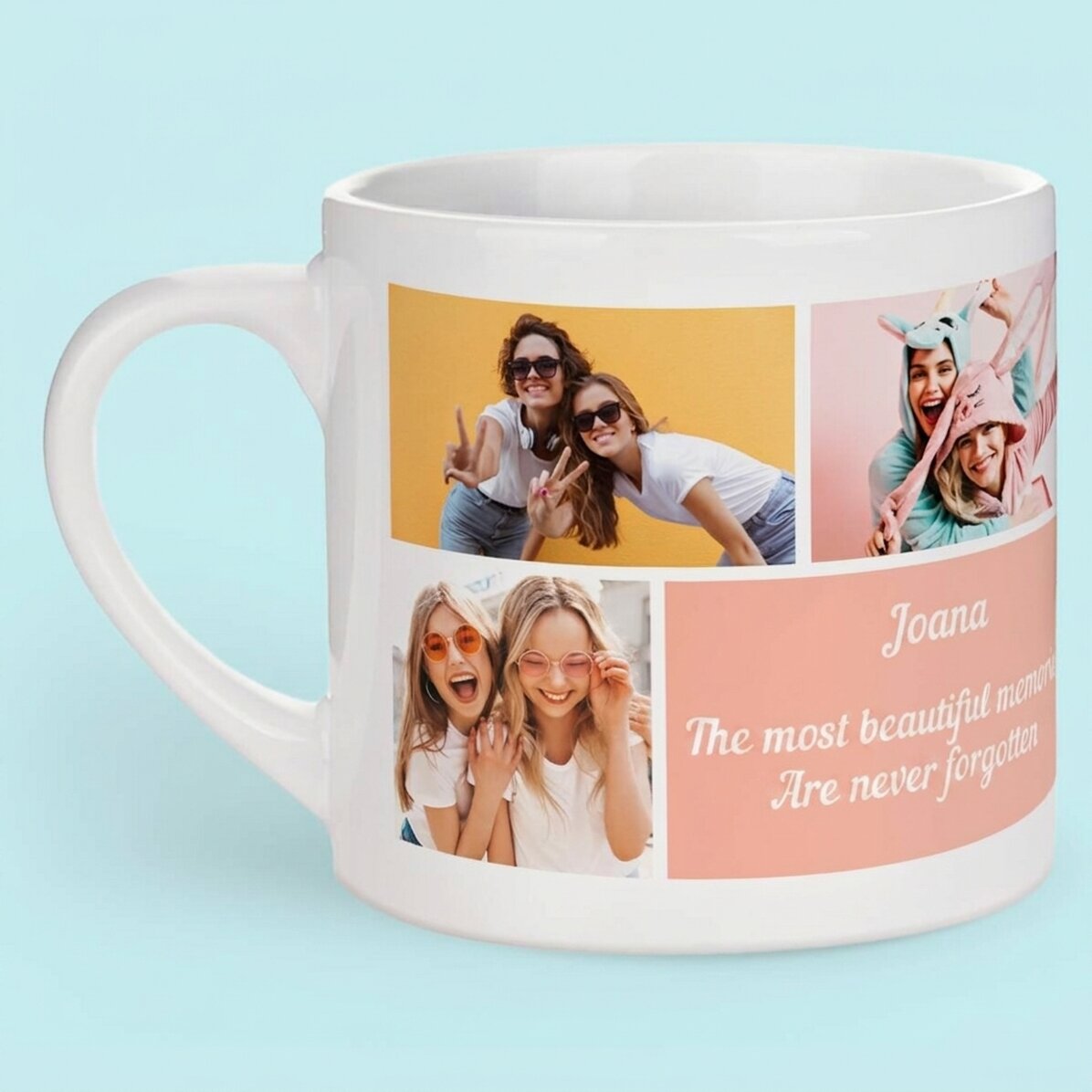Taza de café espresso personalizada con 5 fotos y texto: los recuerdos más bonitos