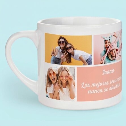 Taza de café espresso personalizada con 5 fotos y texto: los recuerdos más bonitos
