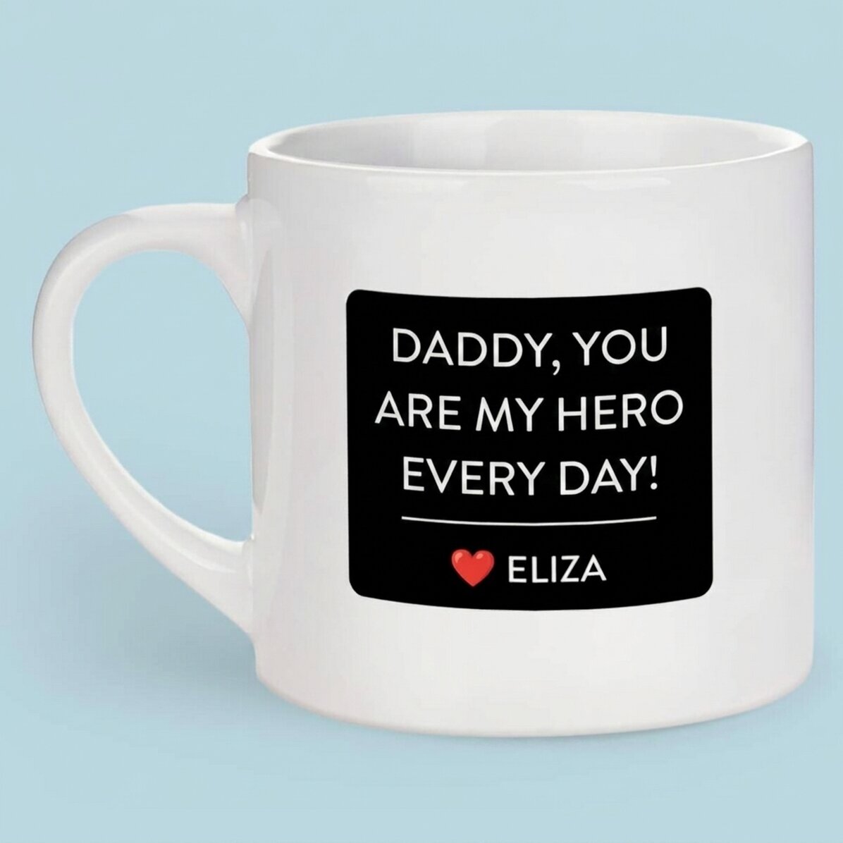Taza de café espresso personalizada con texto y foto: «Mi héroe»