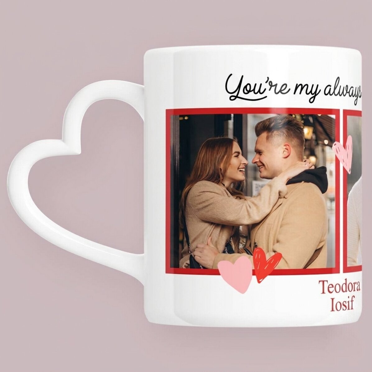 Taza personalizada con 3 fotos y texto - «My favorite» - modelo con asa en forma de corazón