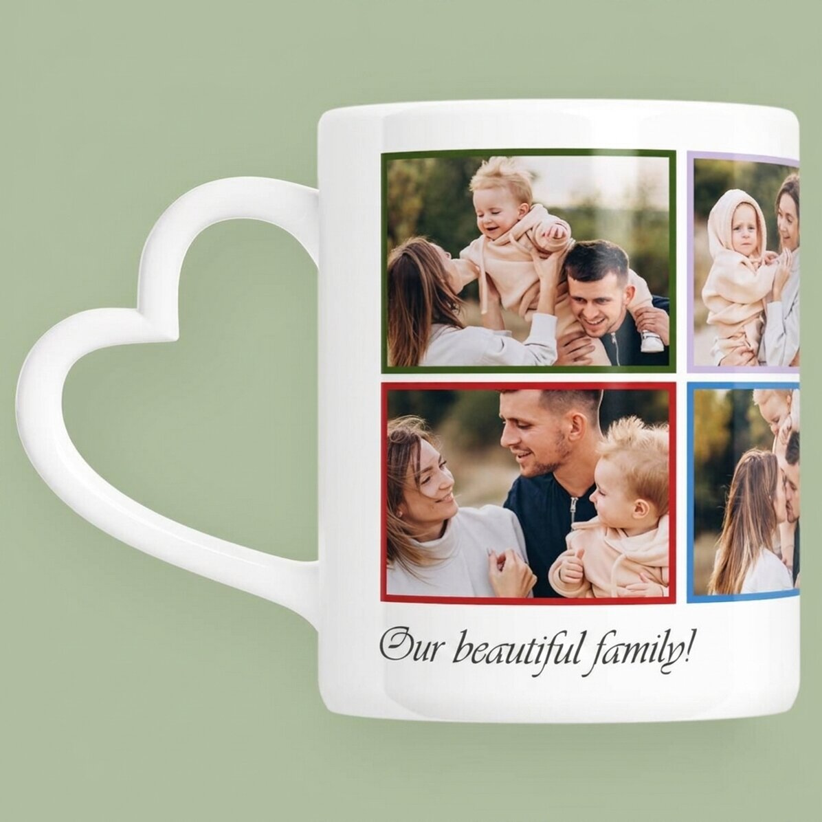 Taza personalizada con 8 fotos y texto - modelo con asa en forma de corazón
