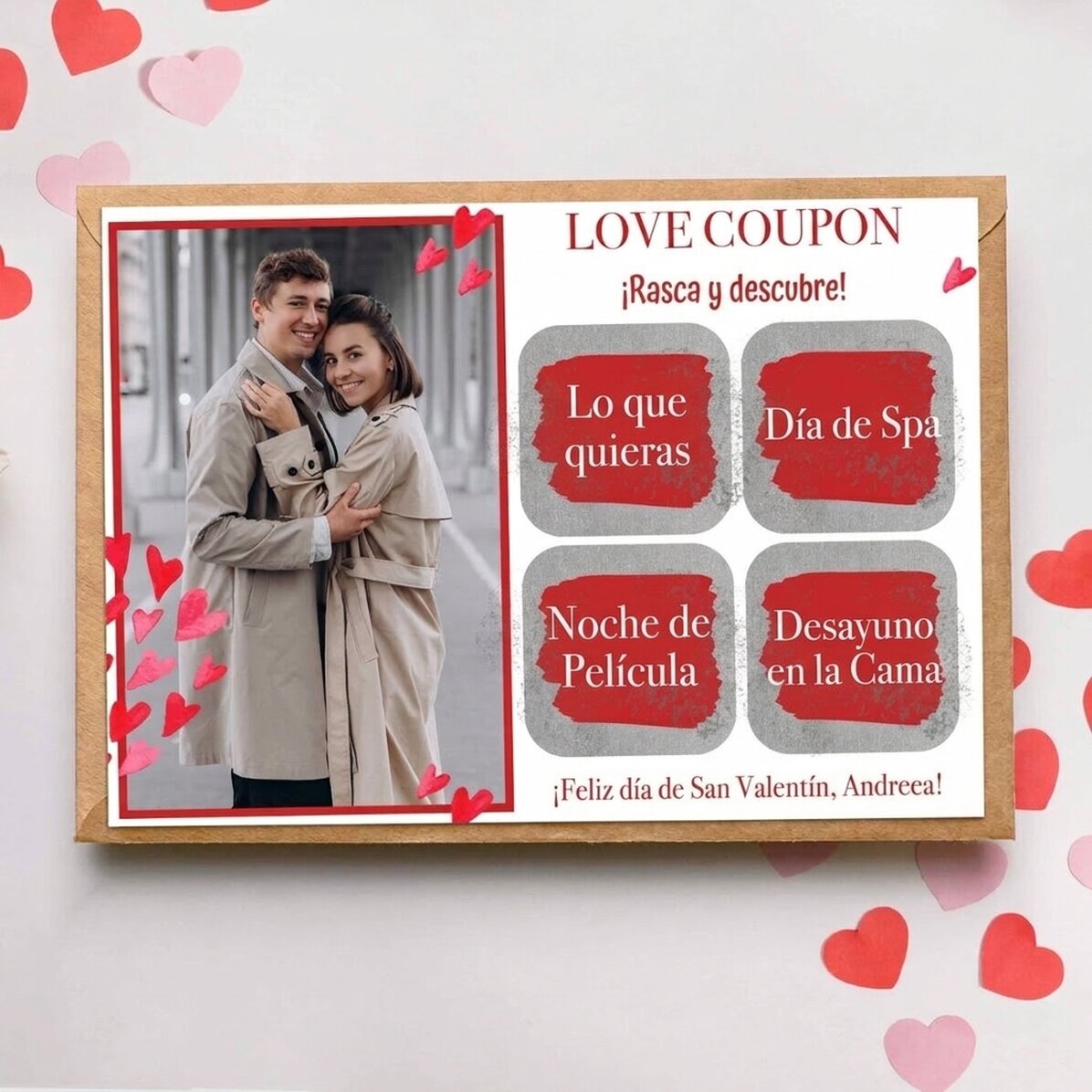 Tarjeta para rascar personalizada con una foto y un mensaje - Amor