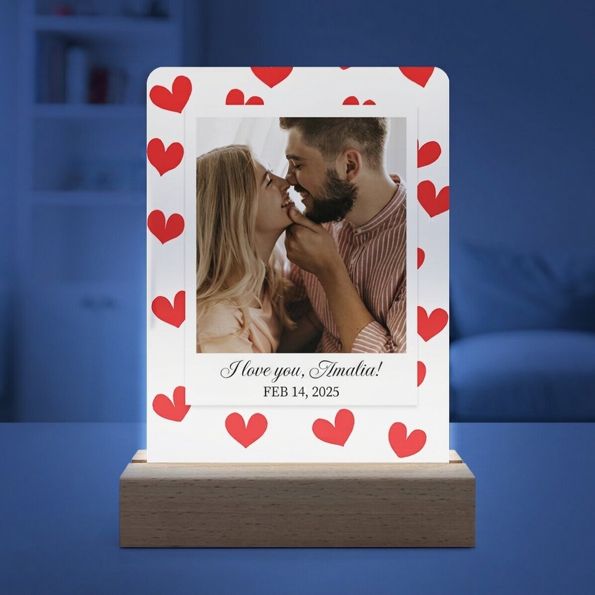 Lámpara LED de noche personalizada con una foto y un mensaje - Corazoncitos