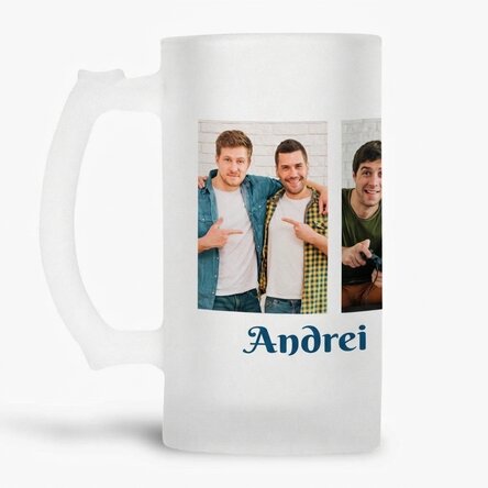 Jarra de cerveza personalizada con 4 fotos y texto