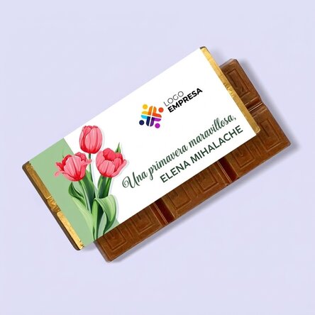 Mini tableta de chocolate personalizada con logotipo y mensaje: «Una primavera maravillosa»