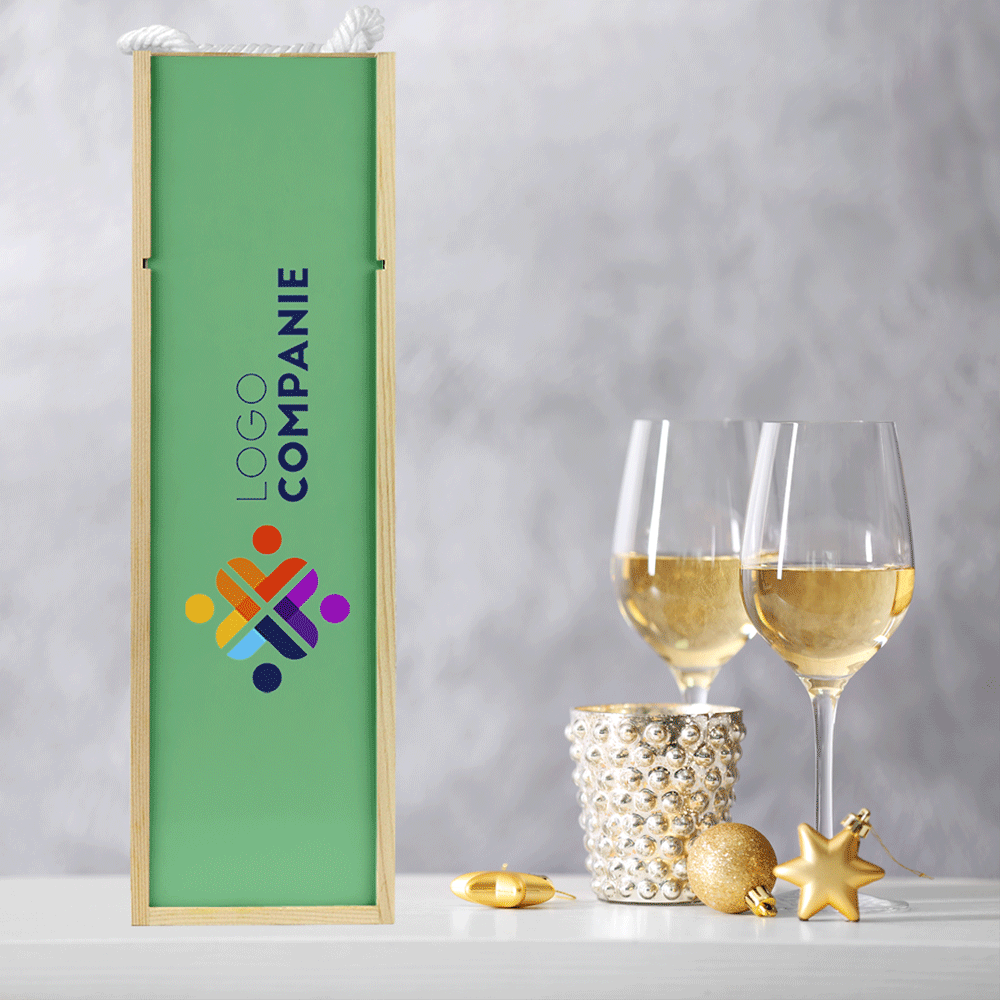 Caja de vino personalizada con logotipo y fondo intercambiable