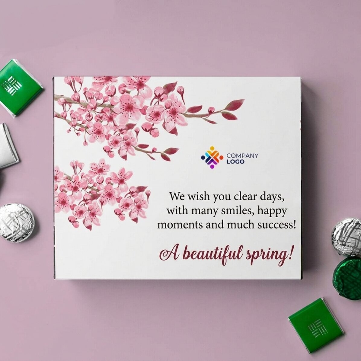 Caja de bombones personalizada con logotipo y texto - Primavera