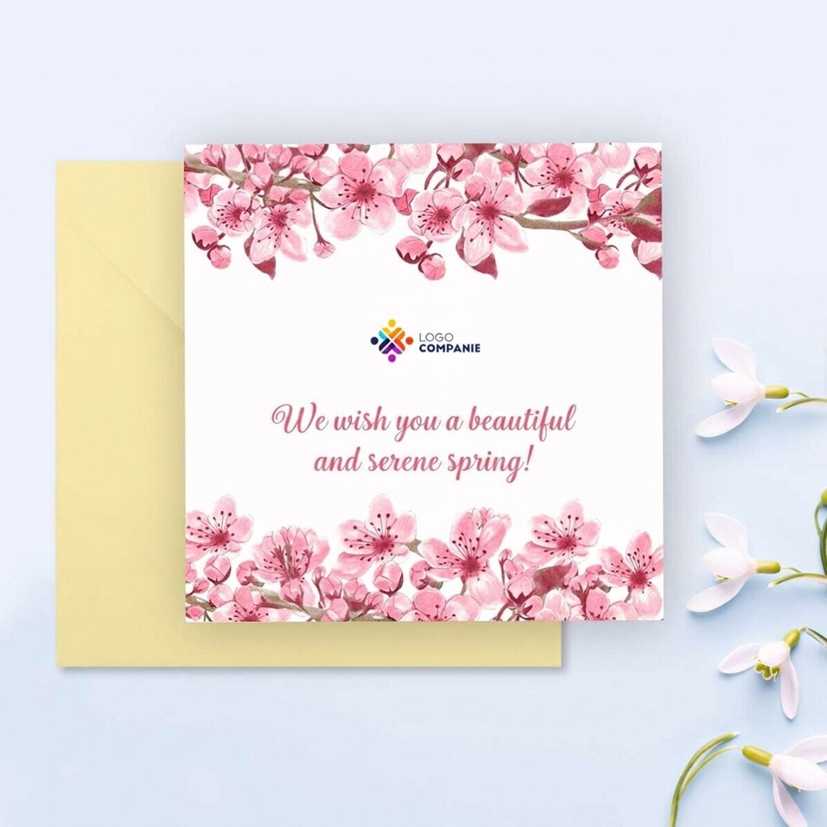 Tarjeta cuadrada personalizada con texto y logotipo - Primavera