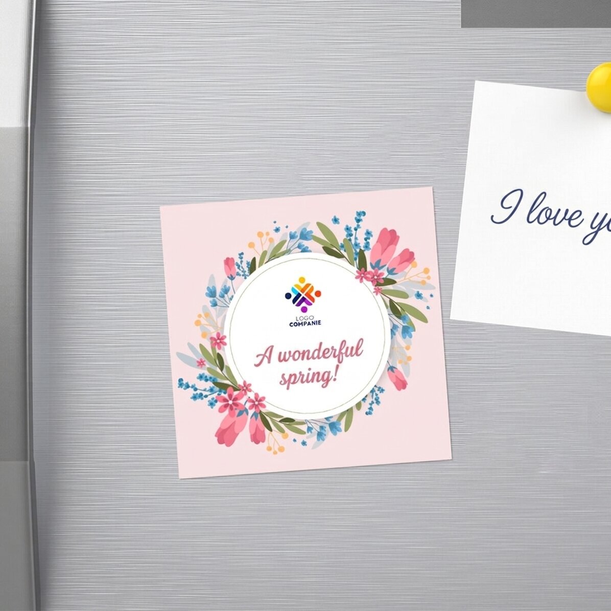 Imán personalizado de 10x10 con logotipo y texto: ¡Que tengas una bonita primavera!