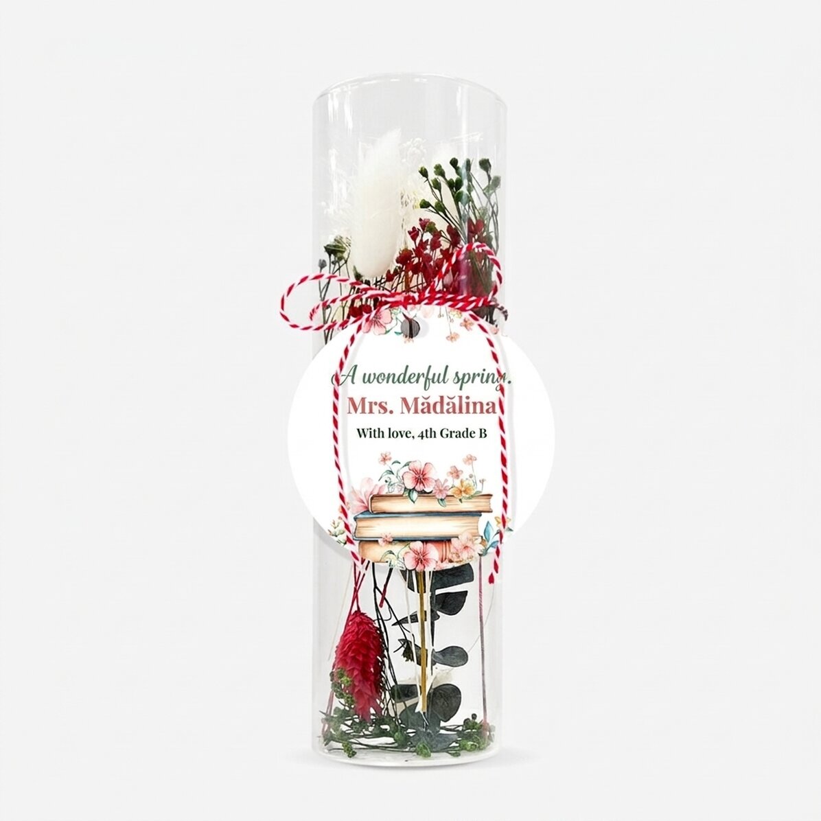 Adorno de martisor de cristal con flores preservadas, personalizado con un mensaje para la profesora