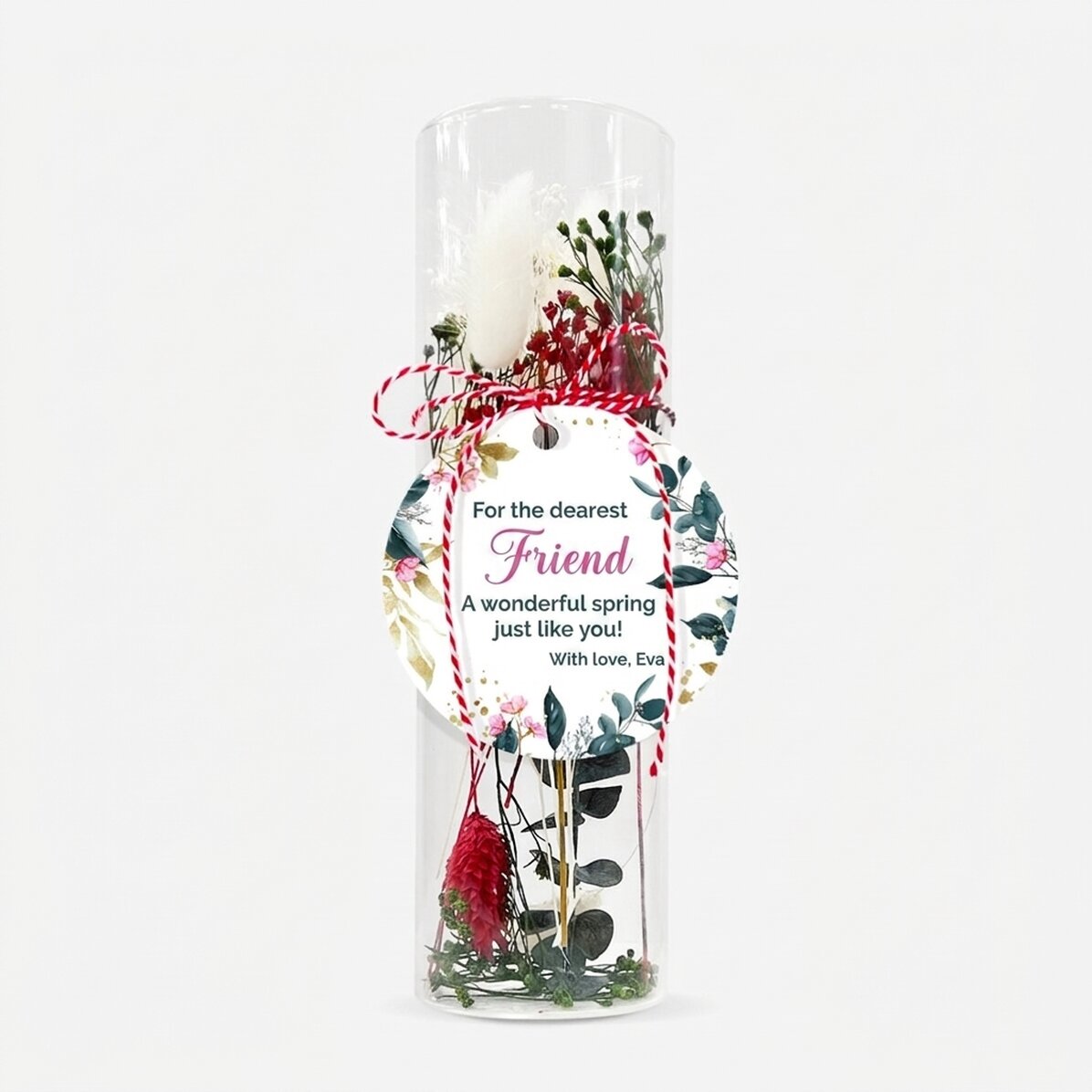 Adorno «martisor» de cristal con flores preservadas, personalizado con un mensaje: «La más querida»