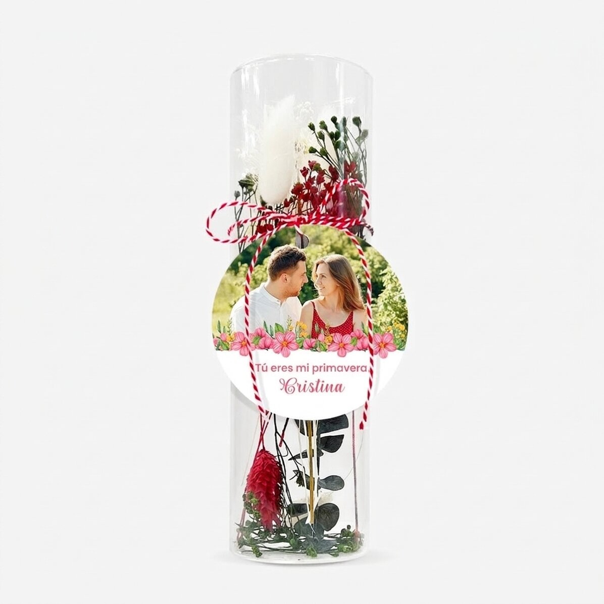 Adorno de martisor de cristal con flores preservadas, personalizado con un mensaje y una foto - Mi p